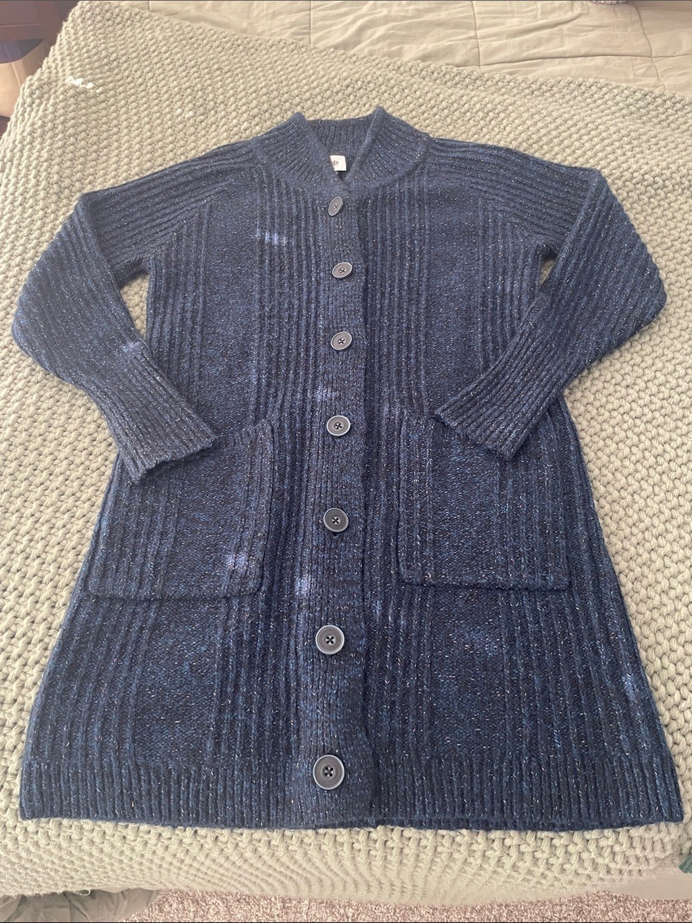 CAbi Navy Speckled Ribbed Button-Front Cardigan